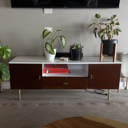 54" Mid-Century Modern Walnut and White Media Stand with Storage