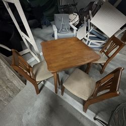 Solid Oak Wooden Folding Table & 3 Upholstered Folding Chairs 