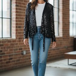Chico's Black Sequin Bolero Evening Mesh Open Cardigan Nylon Top Women's Sz 1.