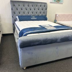 Queen Size Sleigh Bed Frame In Gray Velvet