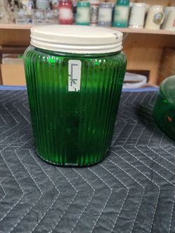 Vintage Green Ribbed Glass Jar with Lid