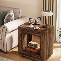 Wood End Table, Square Side Table Nightstands with Storage
