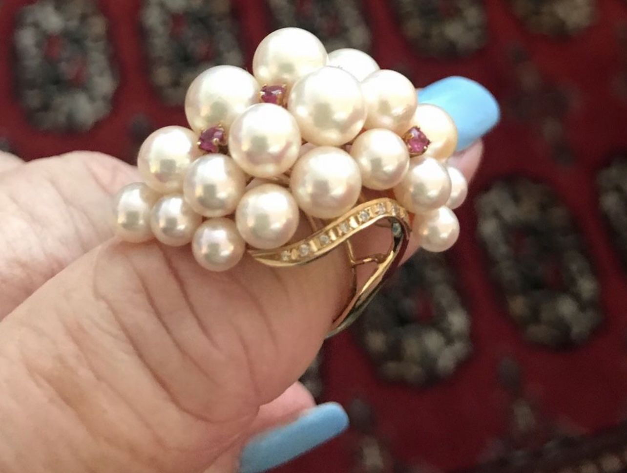 14k Solid Gold - Pearl - Diamond - Ruby Ring