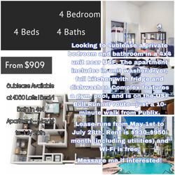 Sublease Available at 4050 lofts MALE ONLY: 1 Bed/1 Bath in 4x4 Apartment – May 1st to July 28th  Looking to sublease a private bedroom and bathroom i