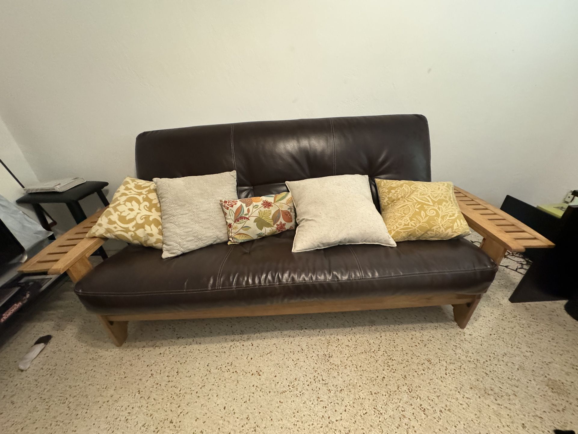 Gorgeous Wood And Brown Leather Pull Out Futon 