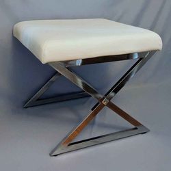 Square faux leather white vinyl padded ottoman foot stool with X frame criss cross chrome base