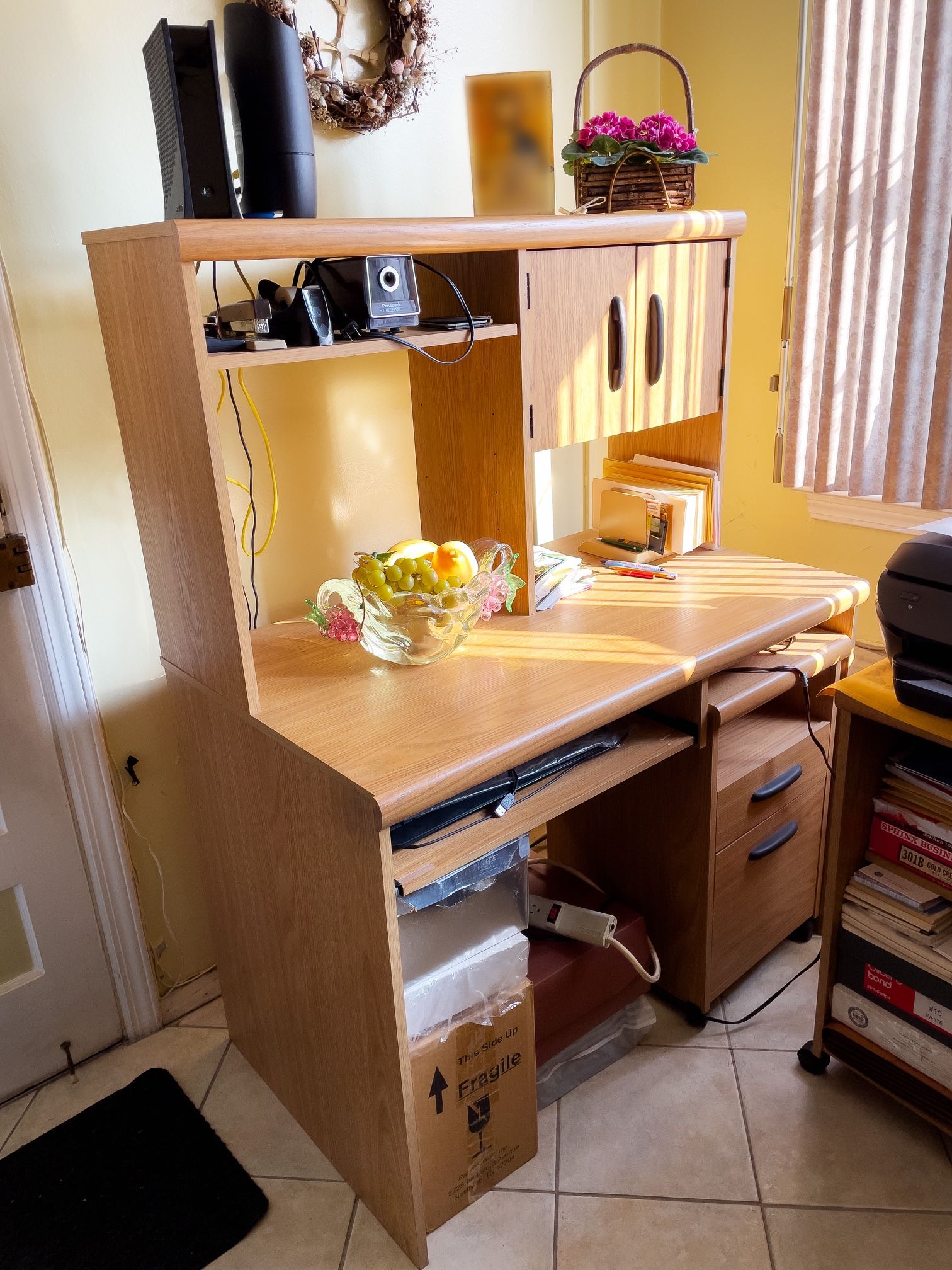 Large Vintage Desk with Built-in Cabinet, Shelf, and Portable Drawers