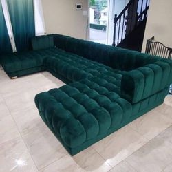 New/Green Velvet Double Chaise Sectional,seccional,couch/ Delivery Available/Ask For A DISCOUNT CODE 