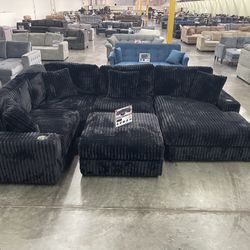Black Sectional Sofa With Extra Large Chaise + Ottoman 