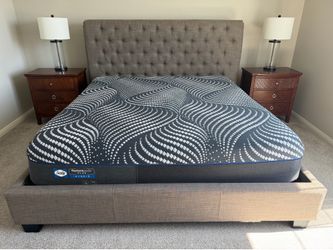 King Size Gray Upholstered Bed Frame and Sealy PosturePedic Plus Hybrid Mattress