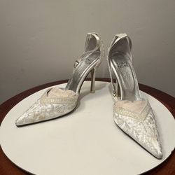 Carlo Fellini Size 7.5 Women Beaded Slingback Shoes White Genuine Leather