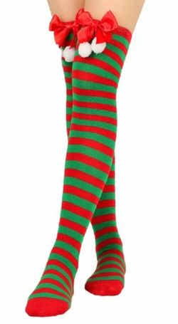 (1) Christmas-themed, striped thigh-high stockings