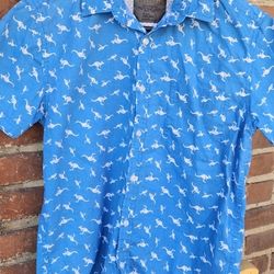 L, DCBD Drill Clothing Co Boys Division Blue Button Up Shirt, W/ White Kangaroos