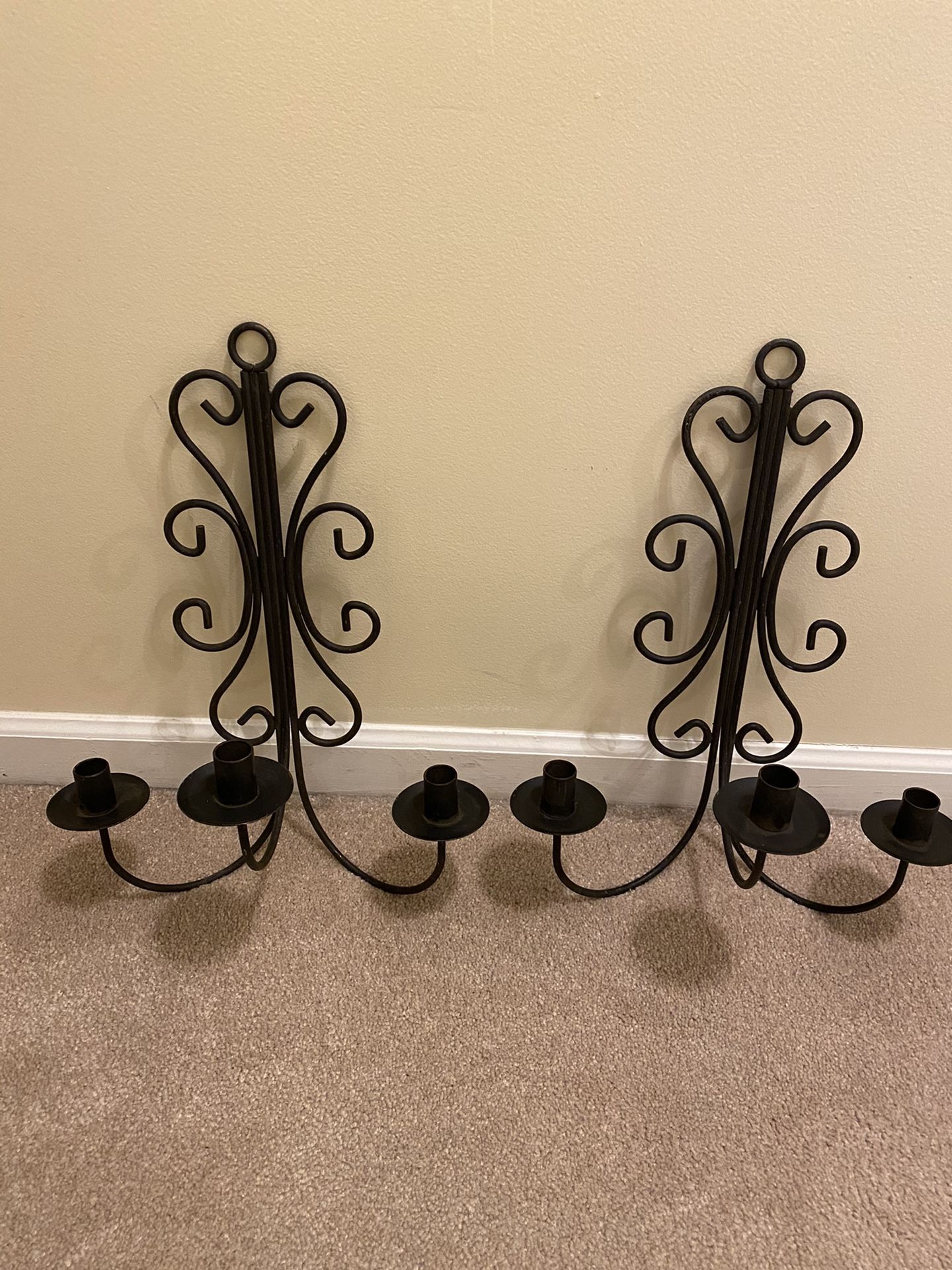 Two Black Wrought Iron Tri Candle Holders