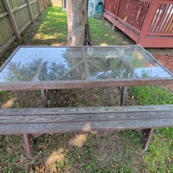 Picnic Table W/ 2 Benchs -Solid Wood With Glass Top 