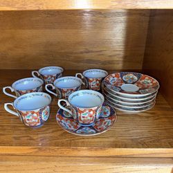 Set of 6 Mino Ware Japan Handcrafted Kachofugetsu Coffee/Tea Cup and Saucer Very Good Condition
