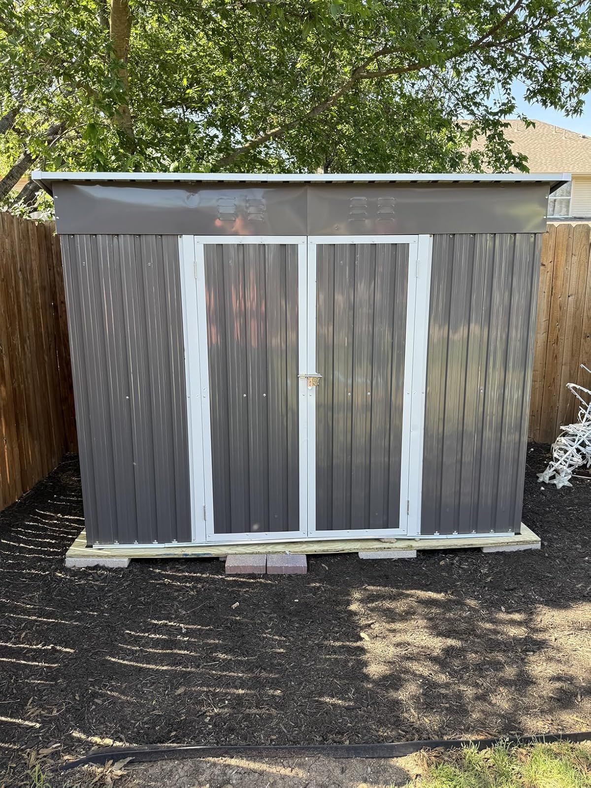 4x8 Slope-Roof Reinforced Storage Shed with Weatherproof Sloping Roof & 4 Air Vents, Heavy-Duty Sturdy Metal Frame, Left/Right Optional Door, Outdoor