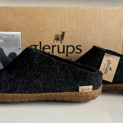 Glerups Wool Slippers Charcoal Grey Honey Rubber Sole New in Box EU 37 US 6.5-7