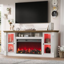 70'' Farmhouse TV Stand for TVs Up to 80'' with 36'' Electric Fireplace LED Lights,Antique White