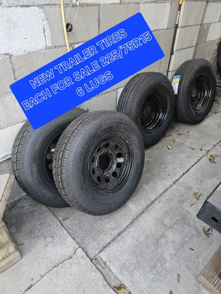 NEW TRAILER TIRE 6 LUGS,225/75R15
SALE TIRE AND WHEEL EACH FOR SALE TOGHETER,ESPECIAL FOR TRAILERS ONLY FOR ANY QUESTION TEXT ME PLEASE HABLO ESPAÑOL