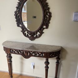 Antique   Italian Wood Marble Top Console Mirror 
