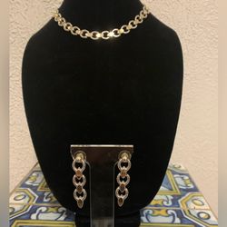 Sterling 925 Vermeil 2 Tone Choker Necklace With Dangling Earrings