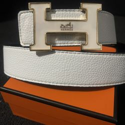 Hermes White Leather Reversible Belt 
