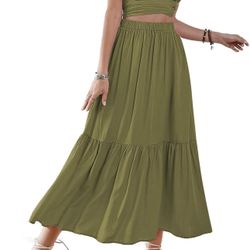 Women's 2 Pcs Outfits Wrap Tie Short Sleeve Crop Top Ruffle Maxi Skirt Set