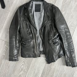 ALLSAINTS Black Leather Jacket with Grey Wool Lining XS