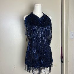 Navy Blue Sequin Fringe Halter Mini Dress – Party Dress