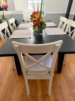 Black Dining Table with 6 White Chairs