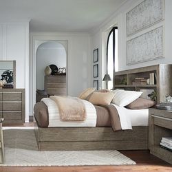 📌 Gray 7Pc.Dresser Mirror Chest Queen Bookcase Bed With 2 Nightstands 📌