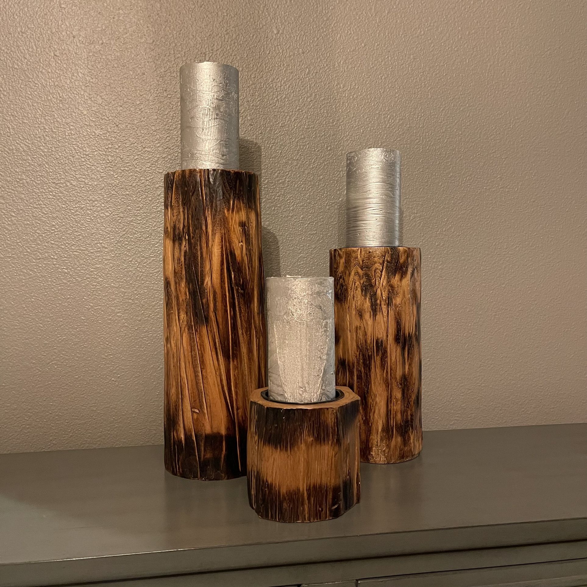 Wooden Candle Holders w/Pillar Candles-Set of 3
