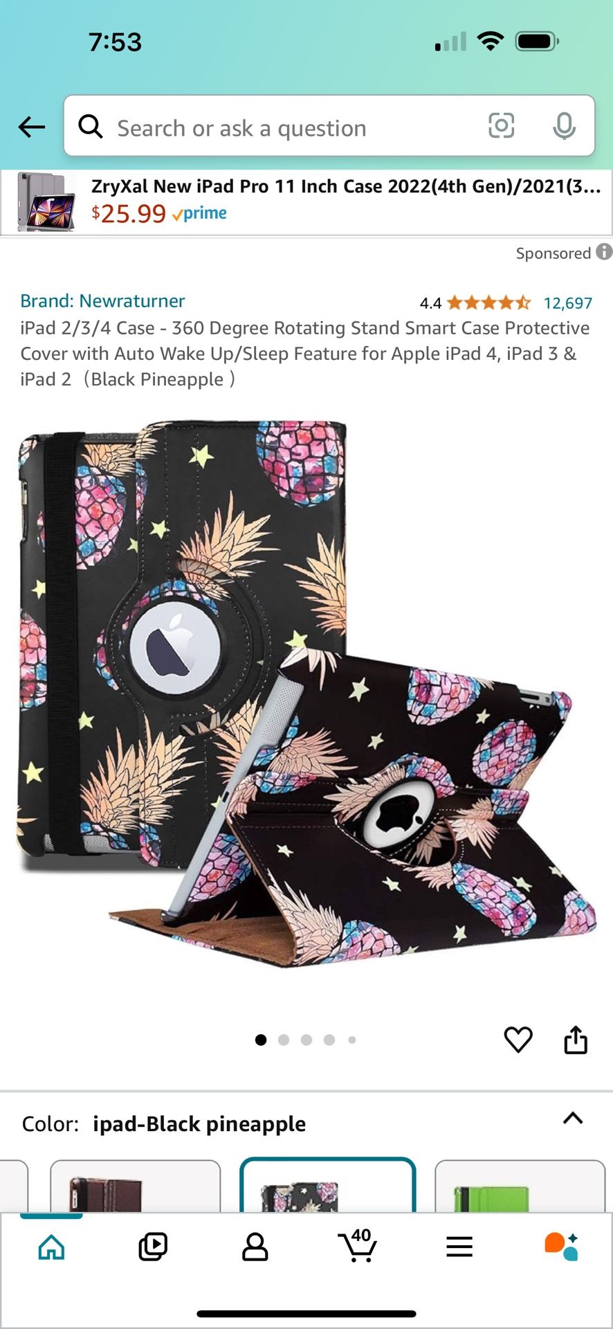 iPad 2/3/4 Case - 360 Degree Rotating Stand Smart Case Protective Cover with Auto Wake Up/Sleep Feature for Apple iPad 4, iPad 3 & iPad 2(Black Pineap