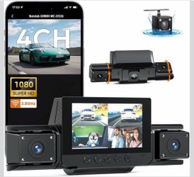 Dash Cam 360° View 4 Channel Car Camera, Front Rear Left Right 4 Way Recording, GPS WiFi APP Control, G-Sensor 24H Parking Mode, IR Night Vision WDR W