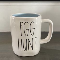 Rae Dunn “EGG HUNT” Easter Double Sided Mug (white With Blue Inside & Easter Basket)