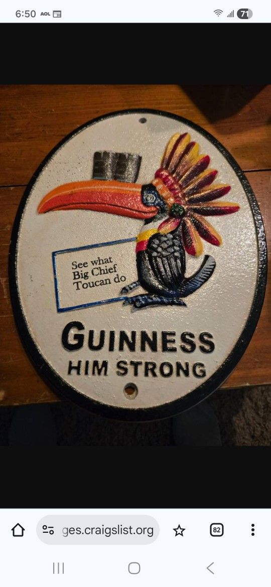 Cast Iron Guinness Big Chief Toucan Sign