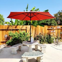 Concrete mosaic tile table with 3 matching mosaic tile benches. outdoor patio set.