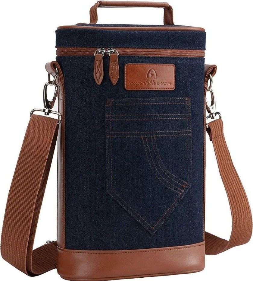 Wine Carrier Tote Bag - 2-Bottle Insulated Cooler with Divider, Front Pocket, Padded Shoulder Strap, Waterproof Material