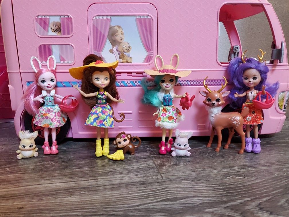Mattel Enchantimal Dolls, 4 Dolls ,4 Pets. Each Has Its On Accessory, Interchangeable Hats, Shoes & Skirts. Great Condition Practically New