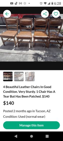 4 Beautiful Wood W/Leather Seat Chairs In Great Condition. Normal Use. Very Sturdy.  1 Chair Has Small Tear As Seen In Pictures. $140