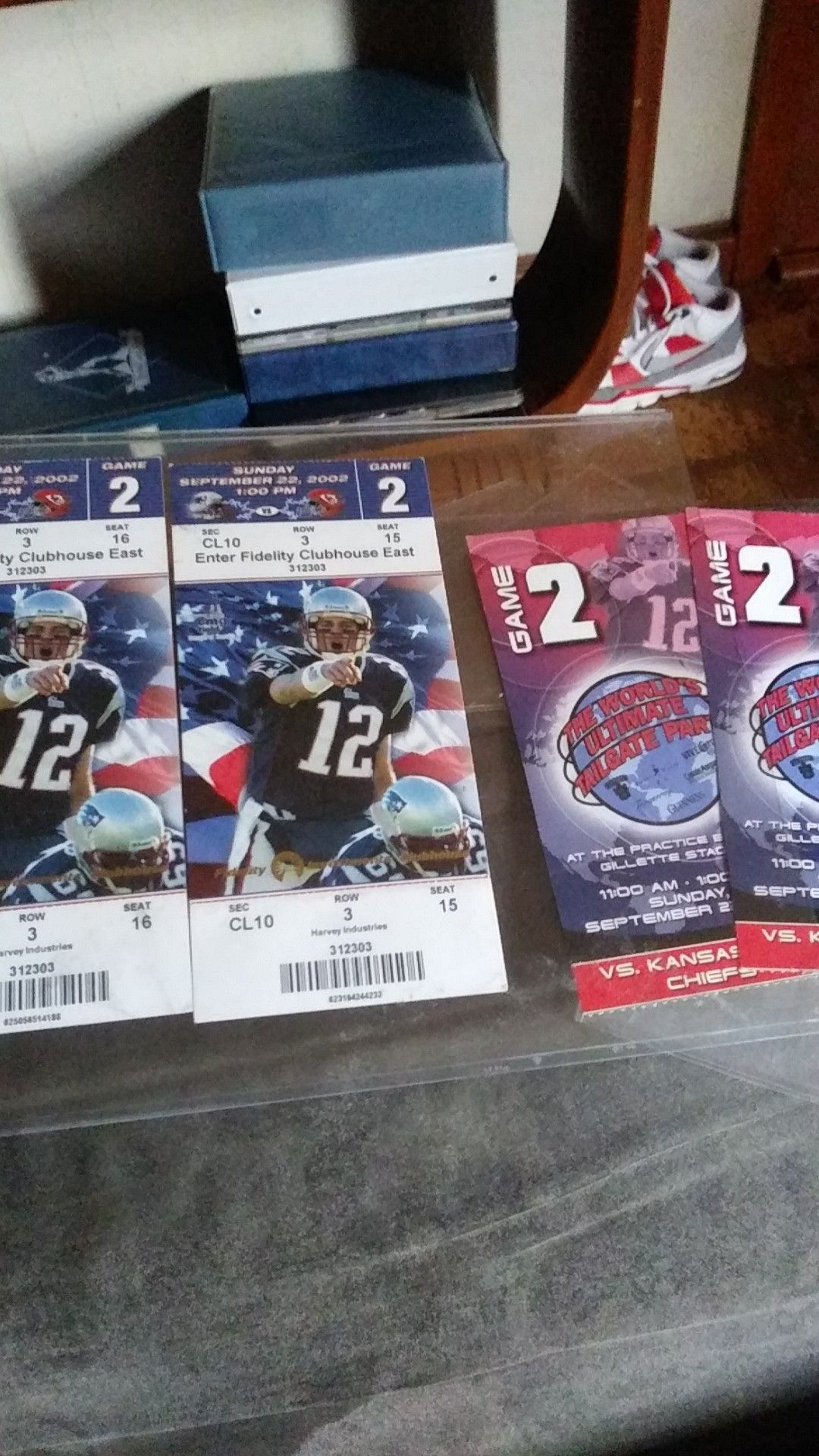 2002 tom brady tickets unused& 2 tail gate.