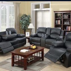 Black Leather Fully Reclining Three Piece Couch Set