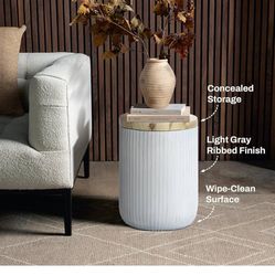 18"  Side Table with Storage, Cement  End Table with Wood Finish Lid, Accent Table