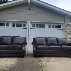 Genuine leather brown 2 piece sofa couch and loveseat