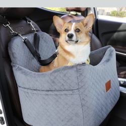 Elevated Dog Car Booster Seat for Pets up to 35 lbs – Soft, Non-Slip, Washable Travel Bed with Safety Strap (H-Grey)