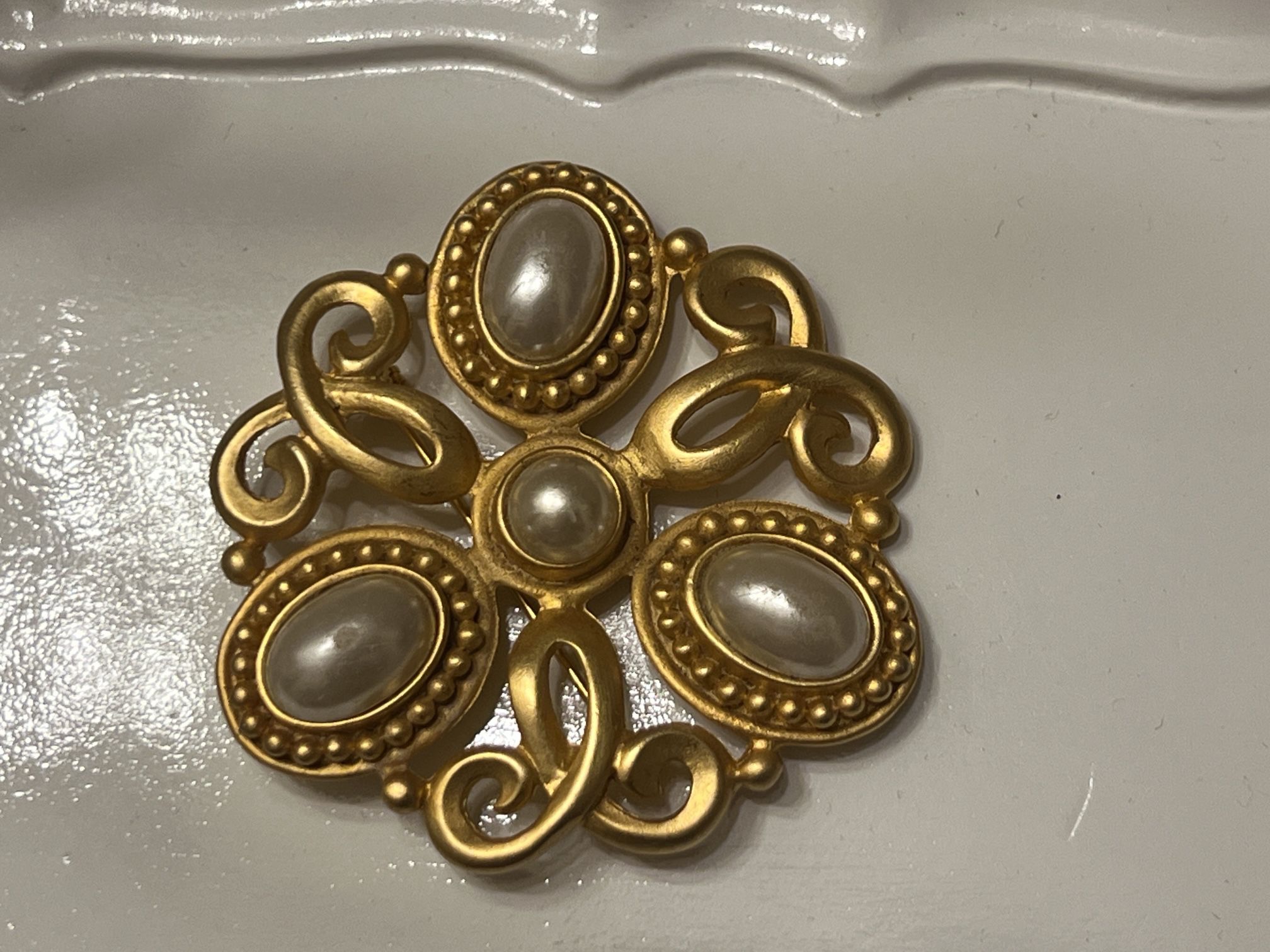 Vintage Large Satin Gold Plated Faux Pearl Brooch