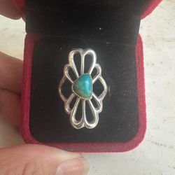 Vintage 925 Sterling Silver Native Am . Turquoise Sand Cast Ring , size 7.25 , beautiful !