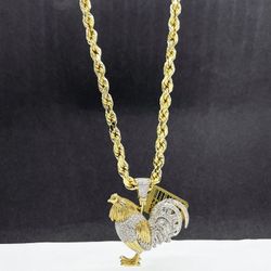 14k Gold Rope Chain And Rooster With Diamond 💎💎Pendant , Necklance Gold Pendant