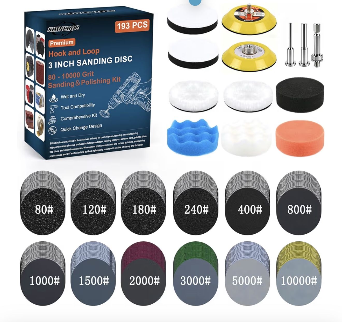 193Pcs 3 Inch Polishing Kit Hook and Loop Sanding Discs, 80 to 10000 Grits - Wet Dry Sandpaper Buffing Sanding Pads with 1/4" 1/8" Shank, for Metal, W